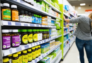 Health store supplement aisle.