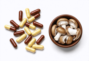 Supplements and mushrooms on white