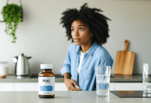 Person with PQQ supplement bottle