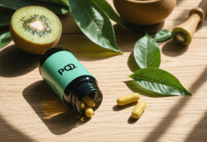 PQQ bottle with kiwi & tea