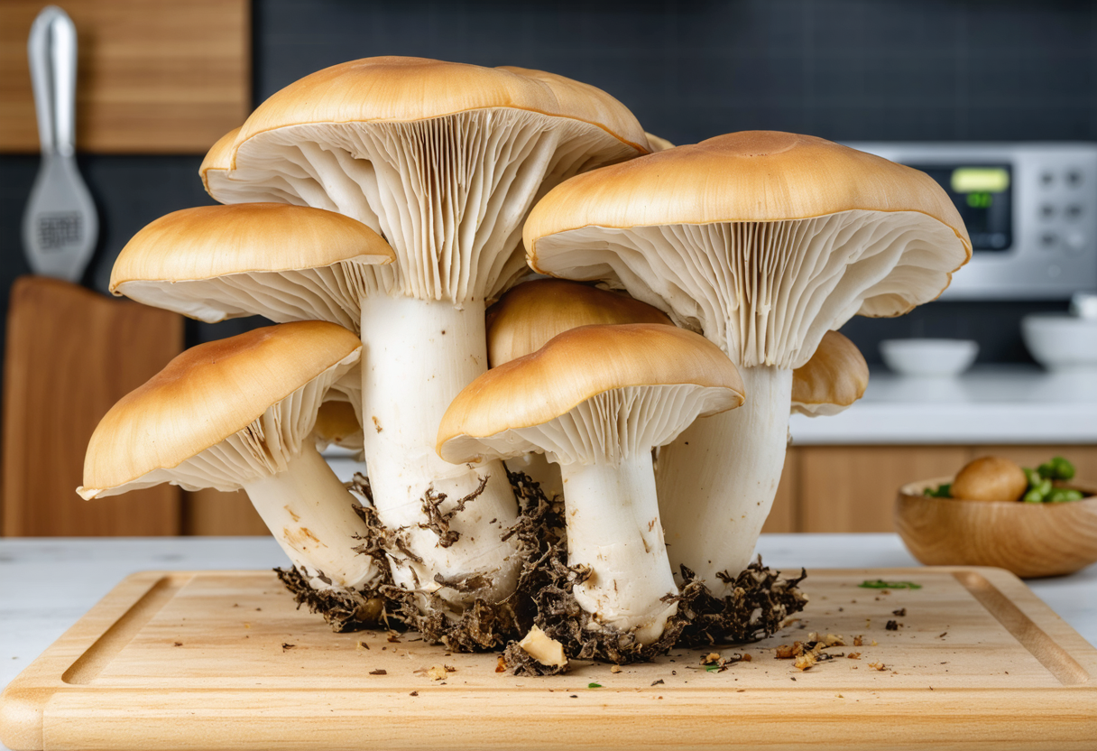 King oyster mushrooms on chopping board