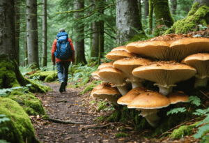 Hiker discovering Lion's Mane mushrooms