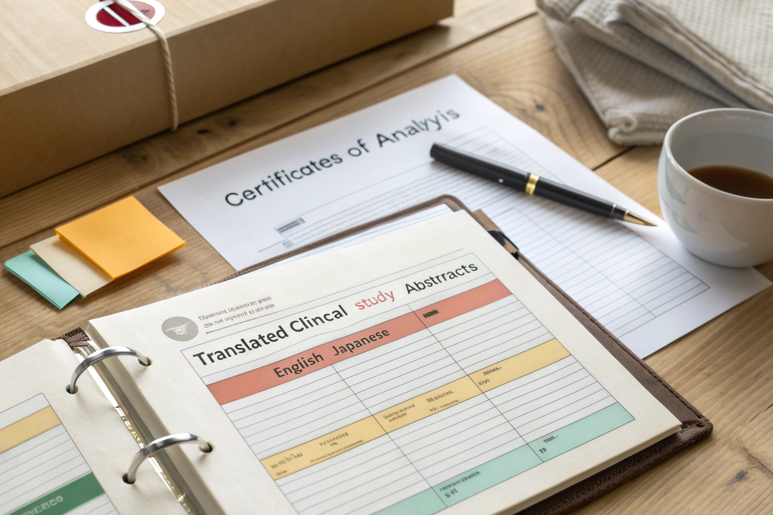 Export binder packed with bilingual COAs, flow charts, and study printouts