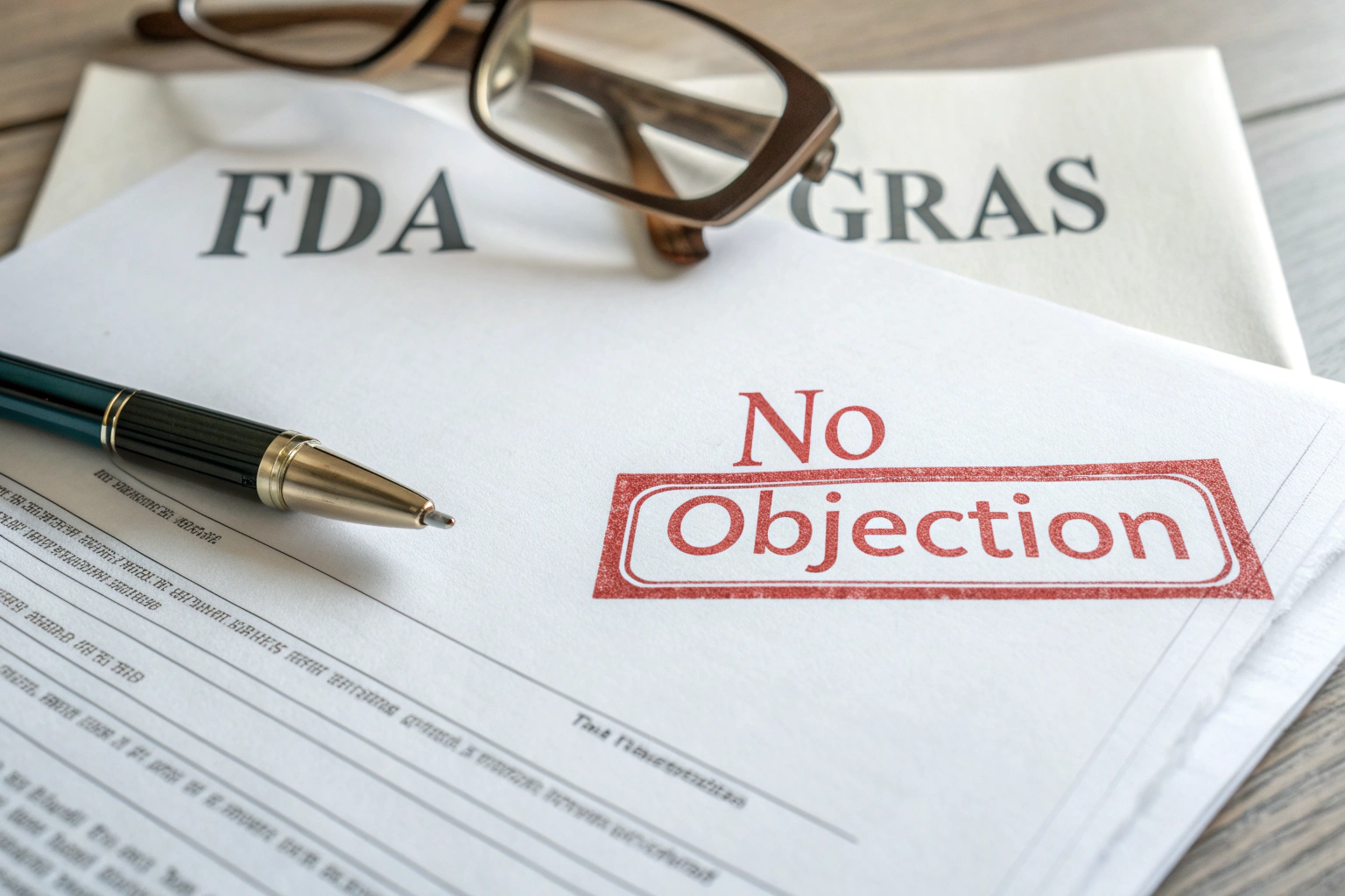 Close-up of GRAS notification documents stamped “No Objection”