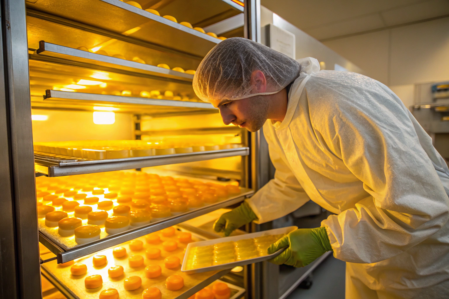 Technician checking gummy trays under a warm yellow light