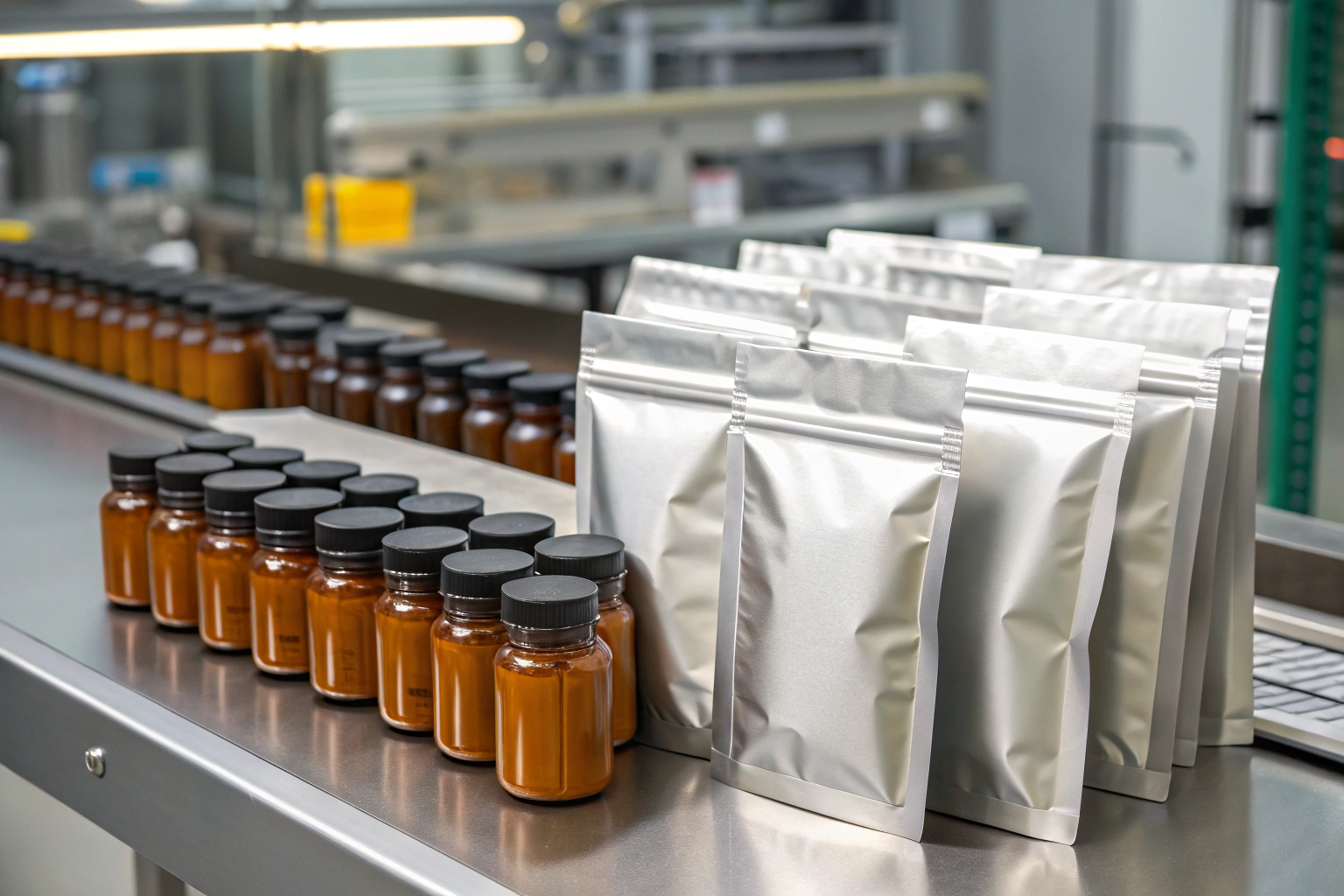 Rows of silver three-layer pouches leaning against amber jars