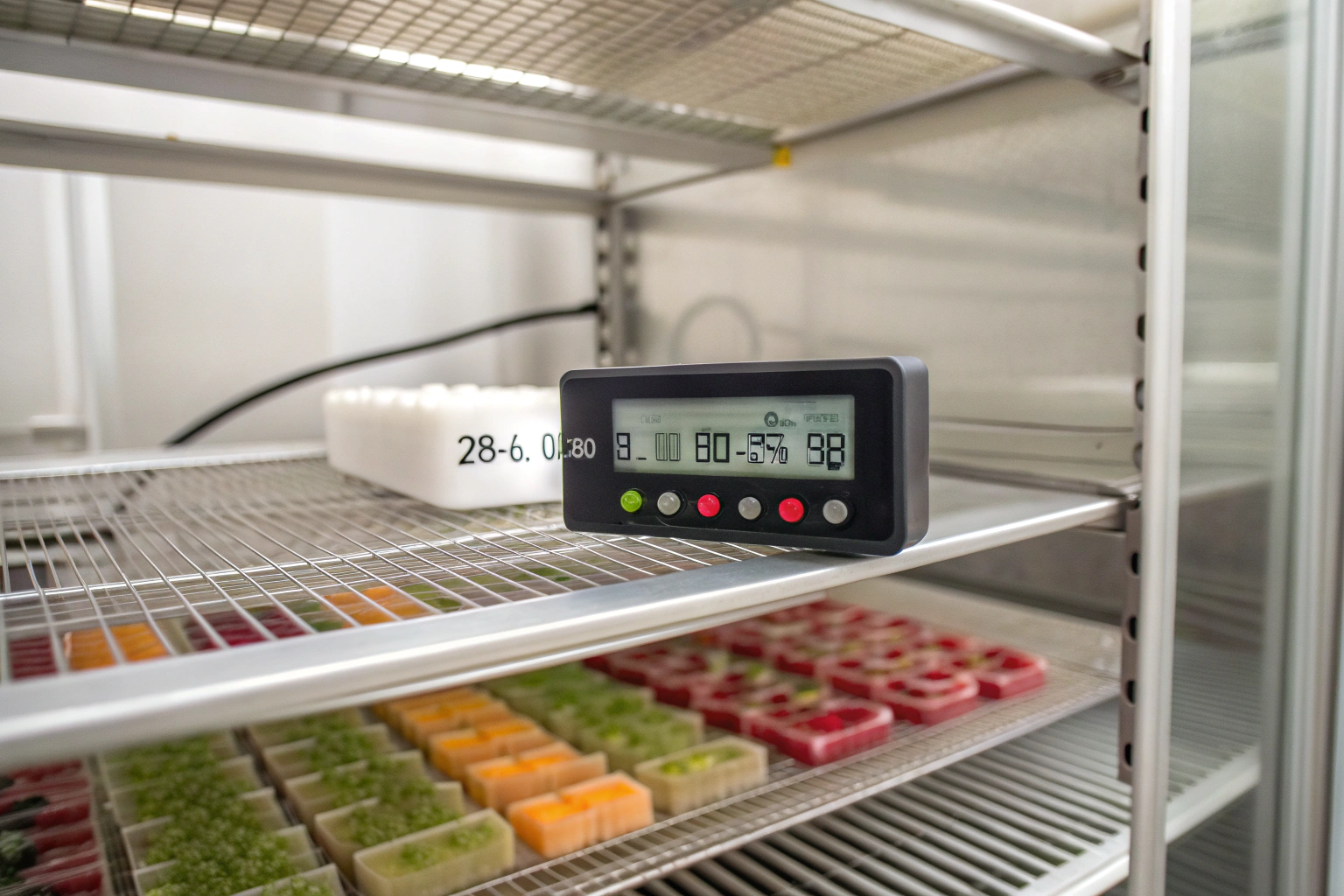 Close-up of a hygrometer inside a drying cabinet