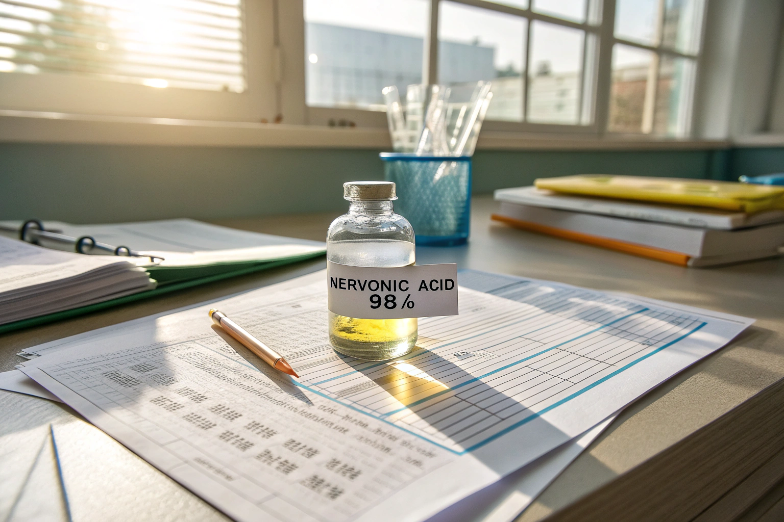 Laboratory paperwork piled beside a small vial labeled “Nervonic Acid 98%” on a bright desk