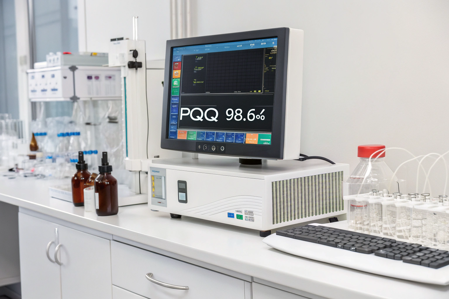 HPLC graph showing a single tall PQQ peak at 98.6 % purity