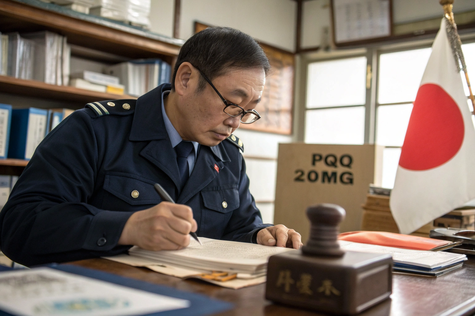 Customs officer in Tokyo reviewing a supplement import dossier stamped “PQQ 20 mg”