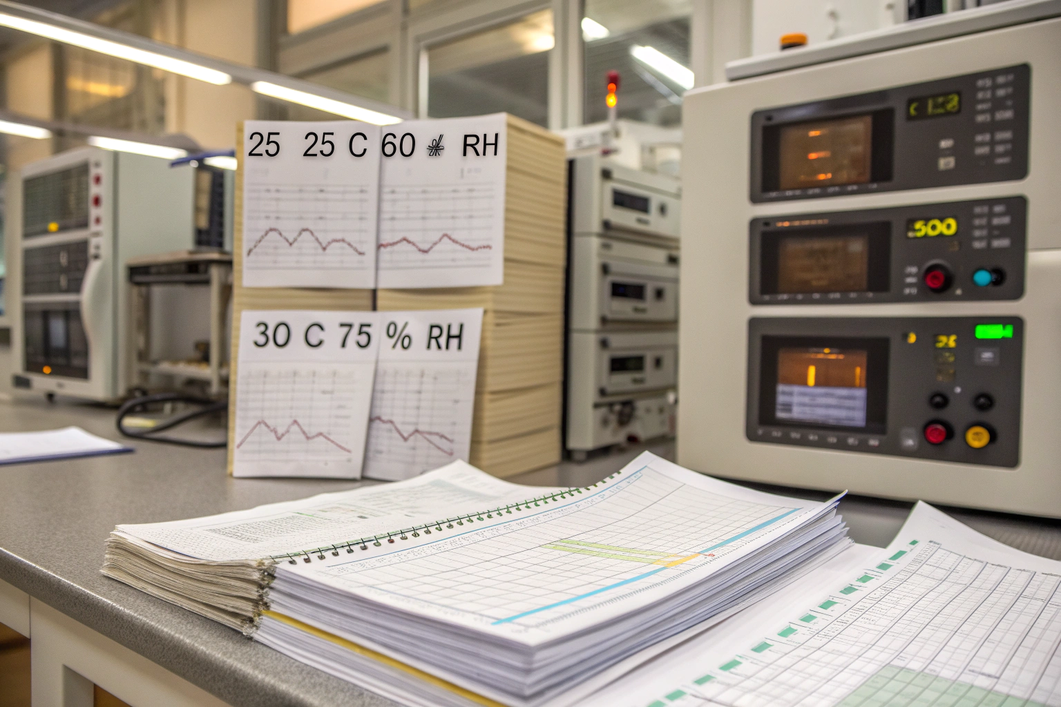 Lab chromatogram print-outs stacked beside aging chambers