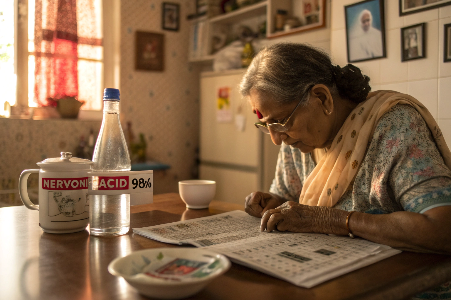 Elderly woman reading a memory journal beside a bottle labeled “Nervonic Acid 98%”