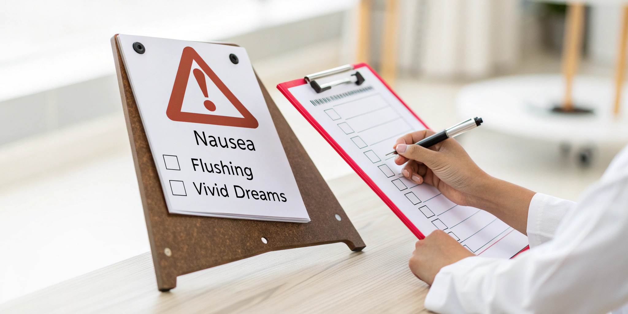 Red warning icon beside a checklist: nausea, flushing, dream intensity